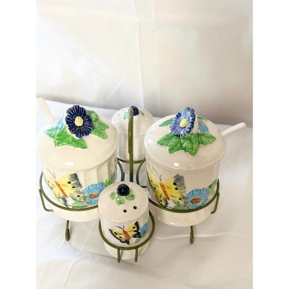 Antique ceramic condiment set with holder - Picture 5 of 7